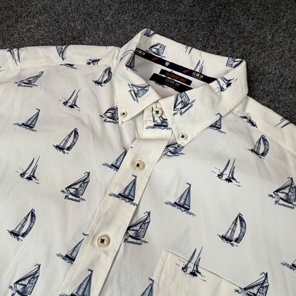 Cremieux Club 38 Performance Sailboat Print Shirt Mens‎ XL White Short Sleeve